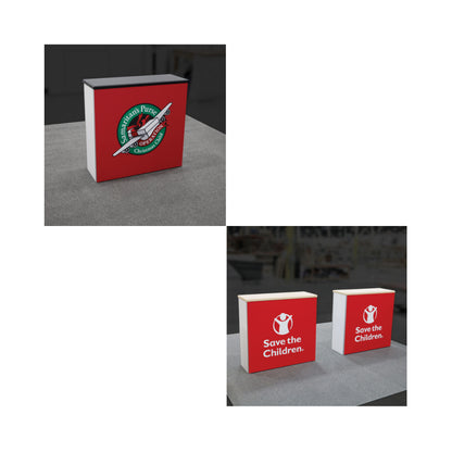 Modular counters with charity logos, ideal for trade shows, exhibitions, and special event displays