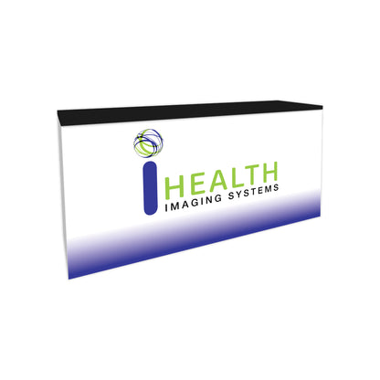 Exhibition counter with custom printed fabric wrap featuring Health Imaging Systems logo for trade shows