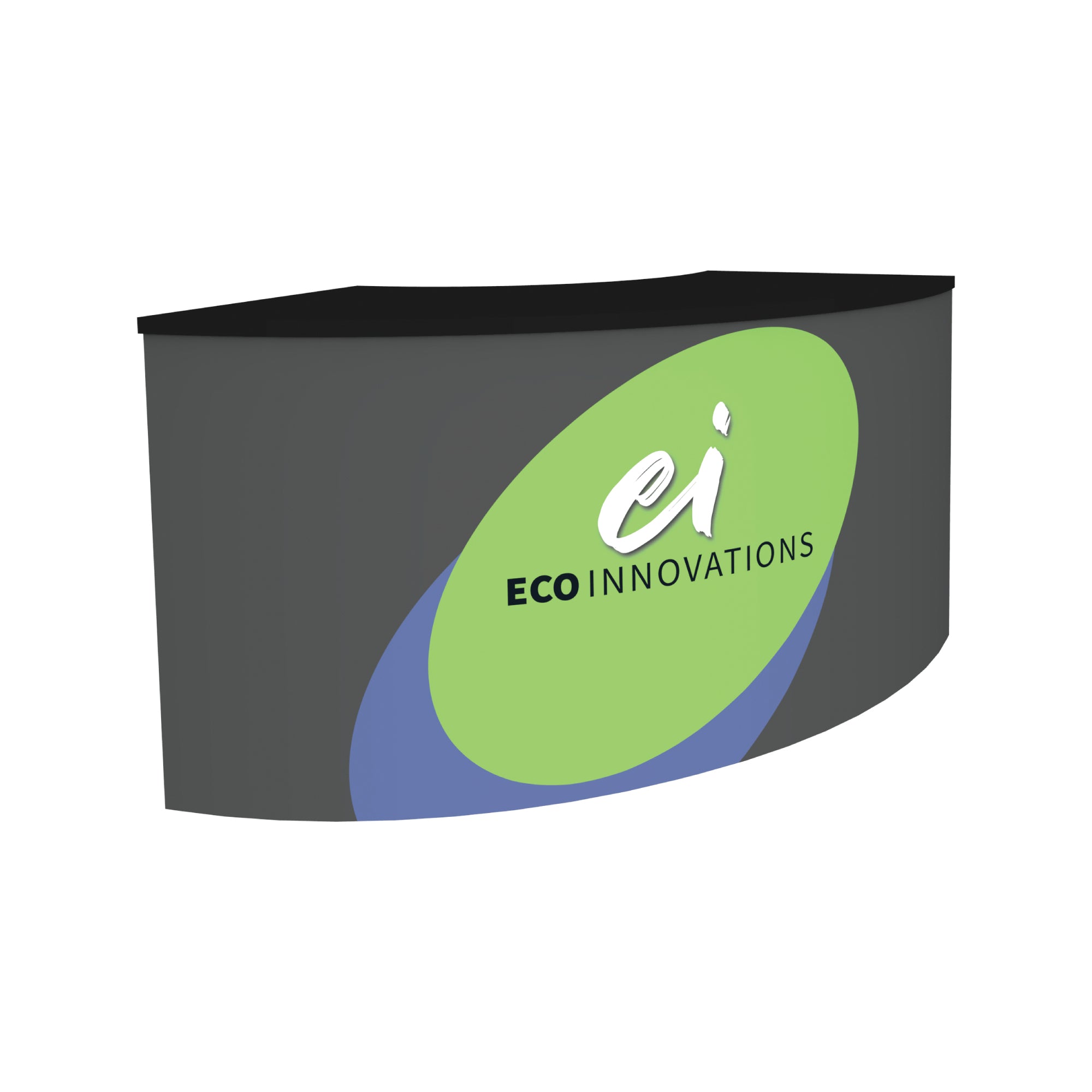 curved modular trade show counter with Eco Innovations branding for exhibitions and events