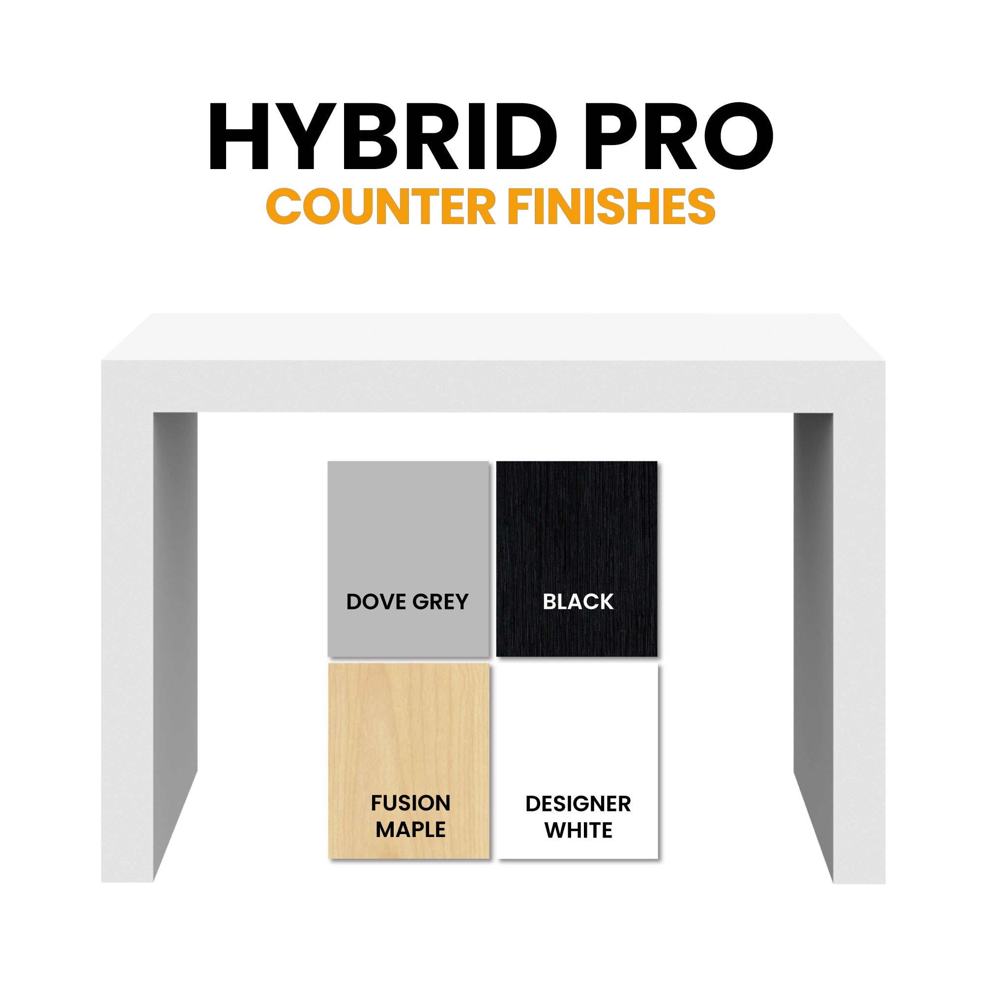 Trade show modular counter showcasing four finish options for exhibitions and events