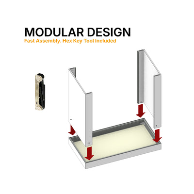 Modular trade show counter with fast assembly, showing detachable panels and base for exhibitions and events