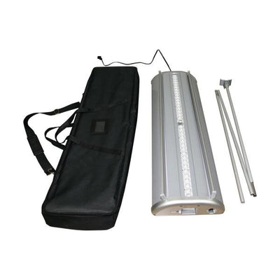 Trade show banner stand with LED lighting, carrying bag, and support poles for exhibitions and events