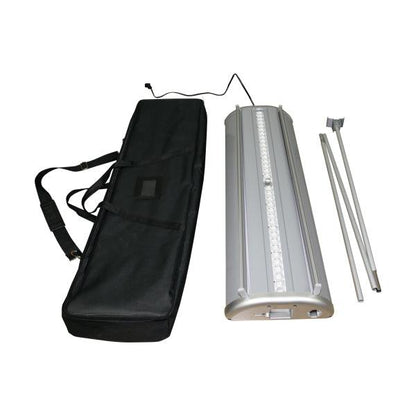 Trade show banner stand with LED lighting, carrying bag, and support poles for exhibitions and events