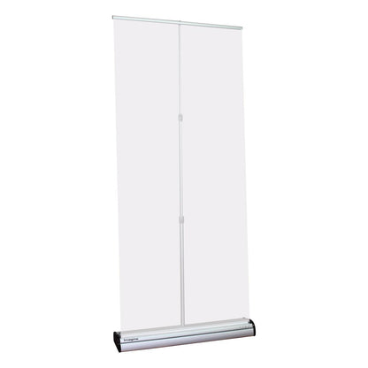 Retractable banner stand with adjustable pole, ideal for trade shows and exhibitions