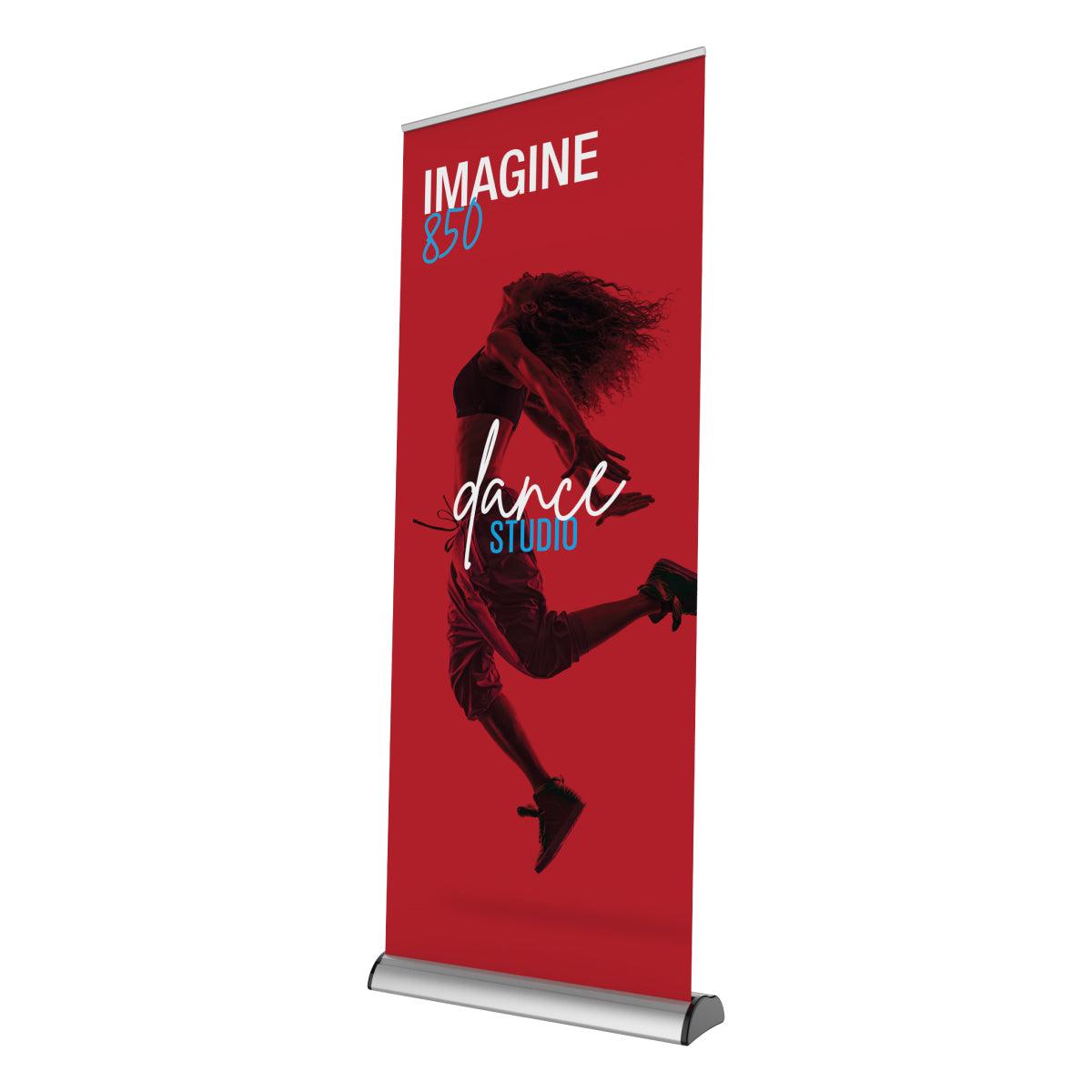 Retractable banner stand for trade shows featuring dynamic dancer image and studio branding