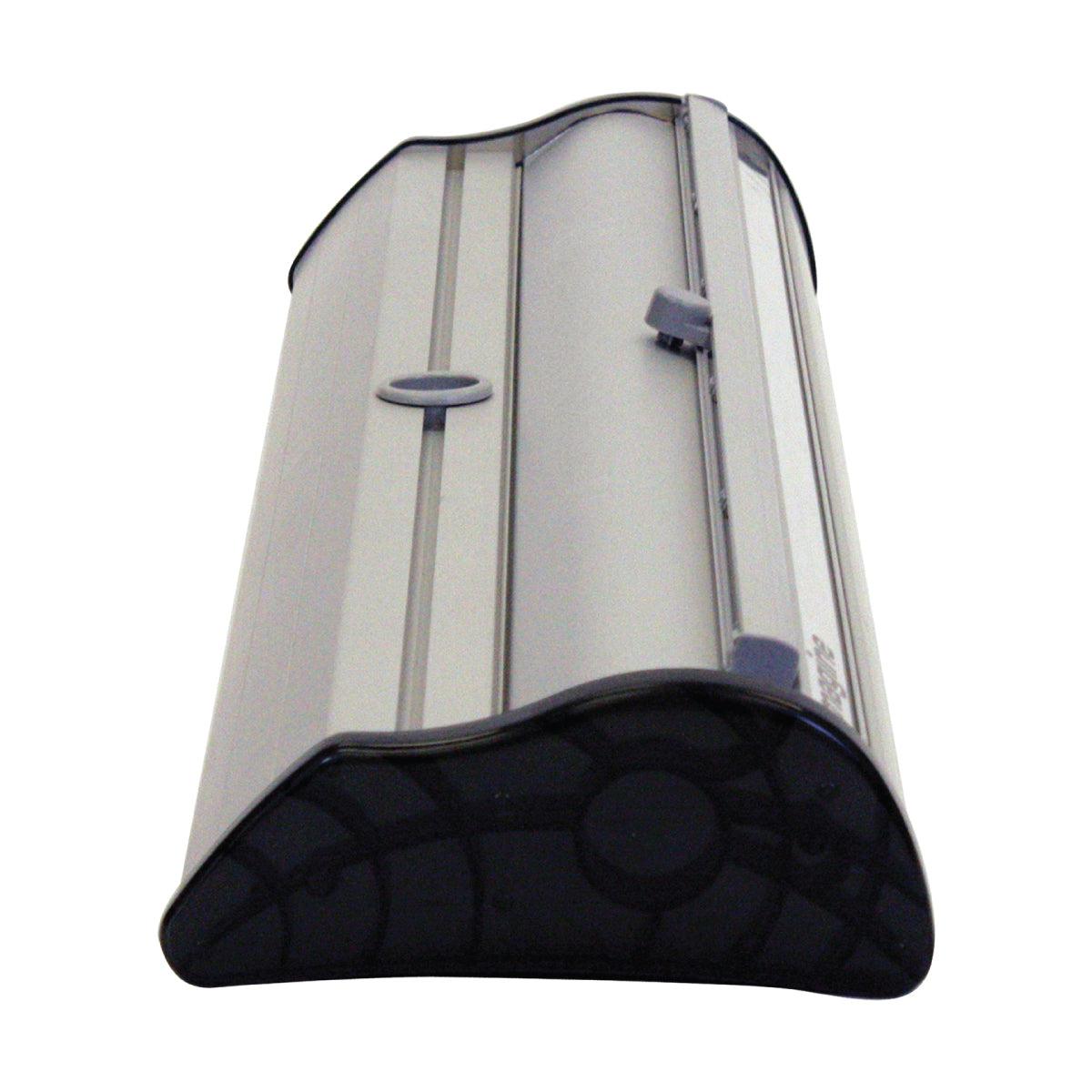 Compact trade show banner stand case with locking mechanisms for exhibitions and special events