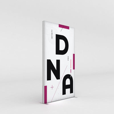 Tall freestanding trade show display panel featuring bold 'DNA' branding and modern graphic accents