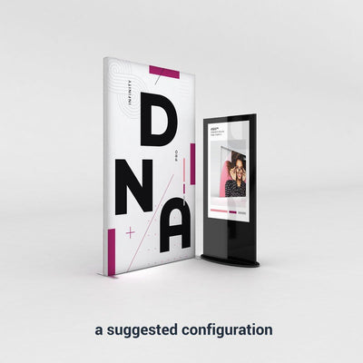 Trade show display featuring Infinity DNA Pro fabric display and digital signage stand for exhibitions