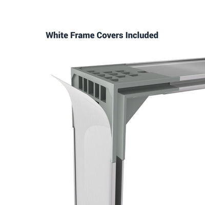 Corner detail of a modular frame system for trade show displays with interchangeable white frame covers
