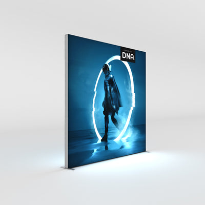 Large fabric lightbox display featuring futuristic VR-themed graphic for trade shows and exhibitions