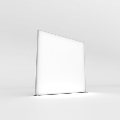 Illuminated trade show display panel standing on floor for exhibitions and special events