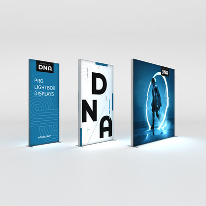 Three standing lightbox displays featuring Infinity DNA branding for trade shows and exhibitions