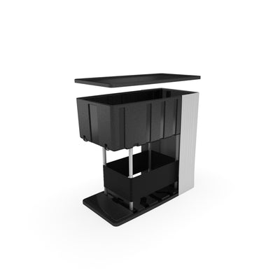 Modular trade show counter with removable top and open storage, ideal for events and exhibitions