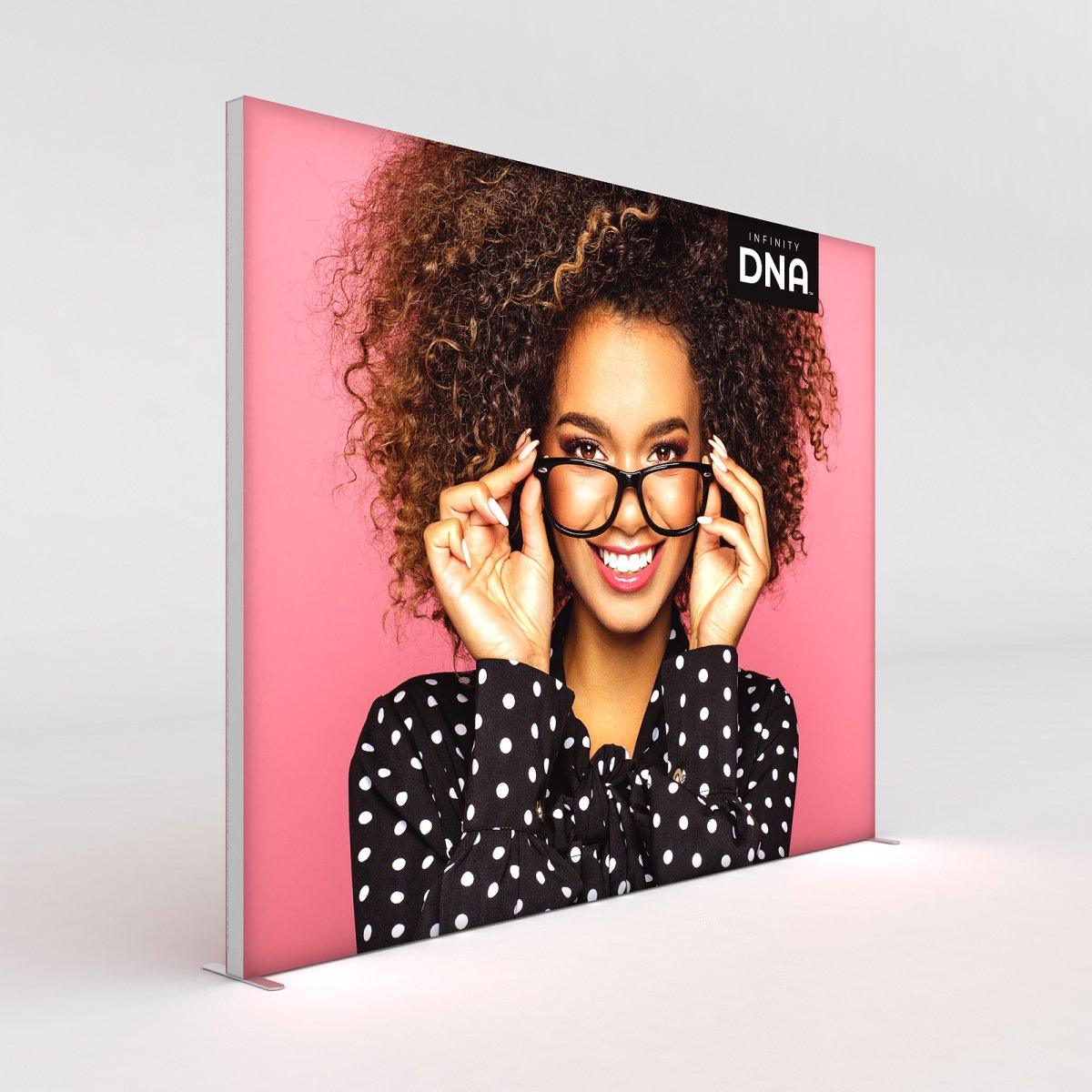 Large fabric lightbox display featuring a smiling woman with curly hair, ideal for trade shows and exhibitions
