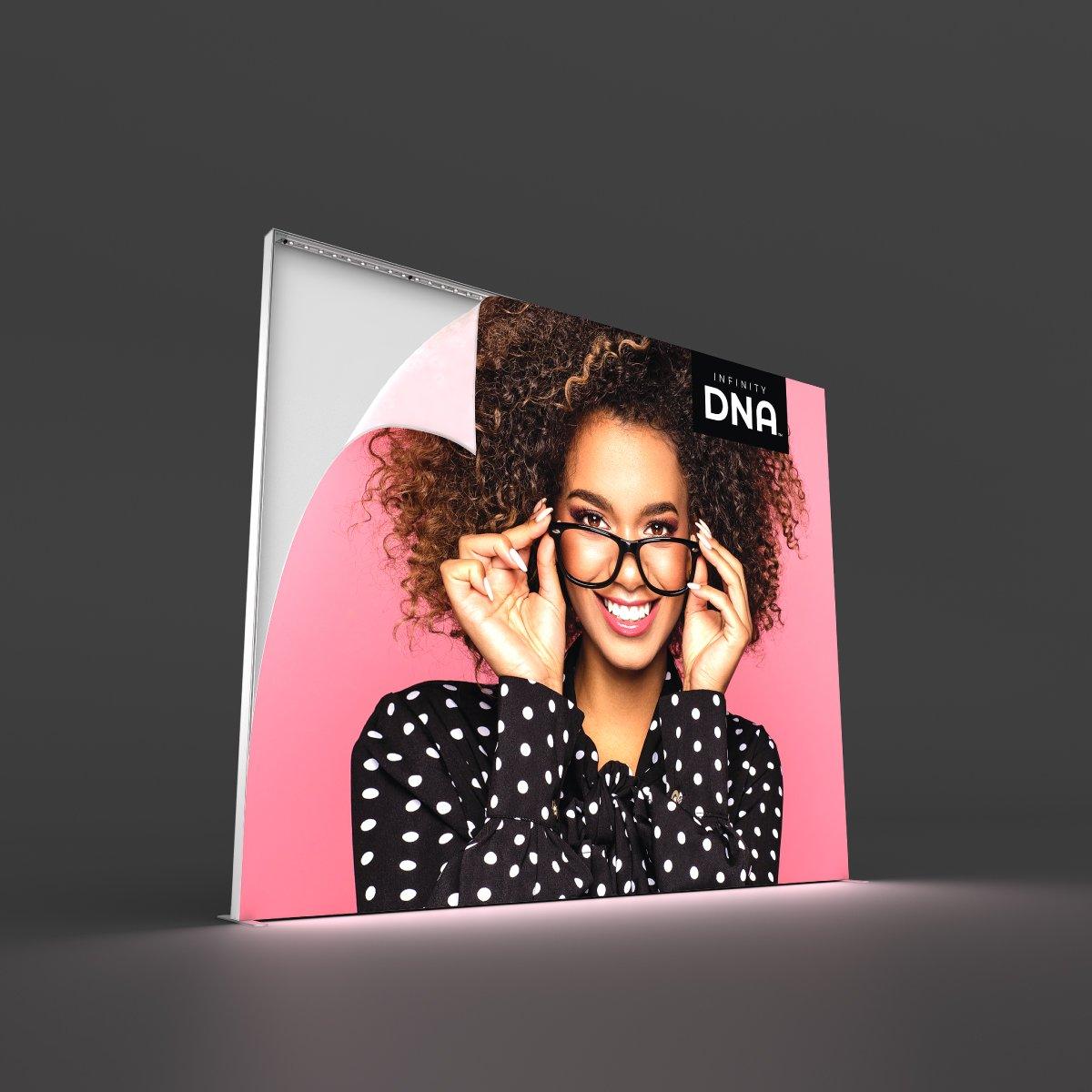 Large fabric lightbox display featuring smiling woman with glasses, ideal for trade shows and exhibitions