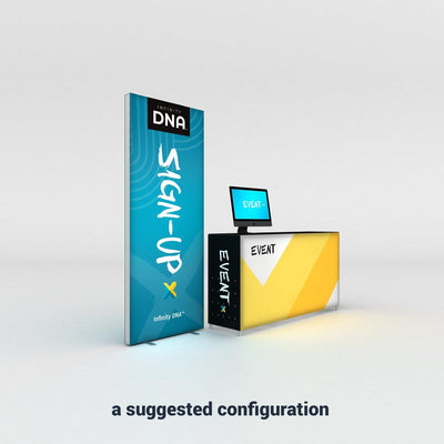 Trade show display featuring a vertical sign-up banner and a branded event counter with monitor