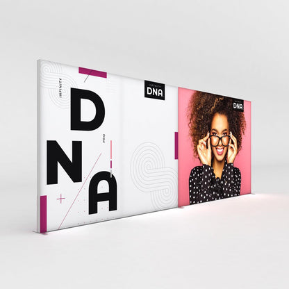Large trade show fabric display with high-resolution graphics and branding for Infinity DNA