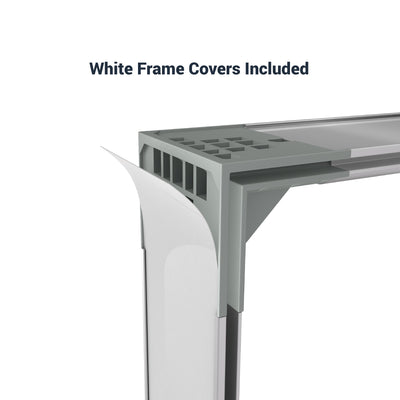 Close-up of lightbox frame corner with removable white frame covers for trade show displays