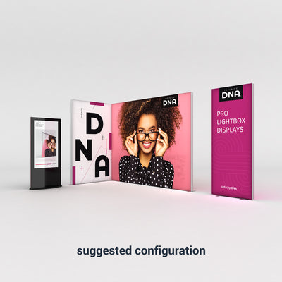 Trade show display with Infinity DNA Pro lightboxes featuring a smiling woman and branded graphics for exhibitions and special events