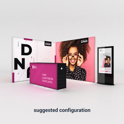 Trade show booth with large lightbox displays and promotional graphics for exhibitions and events