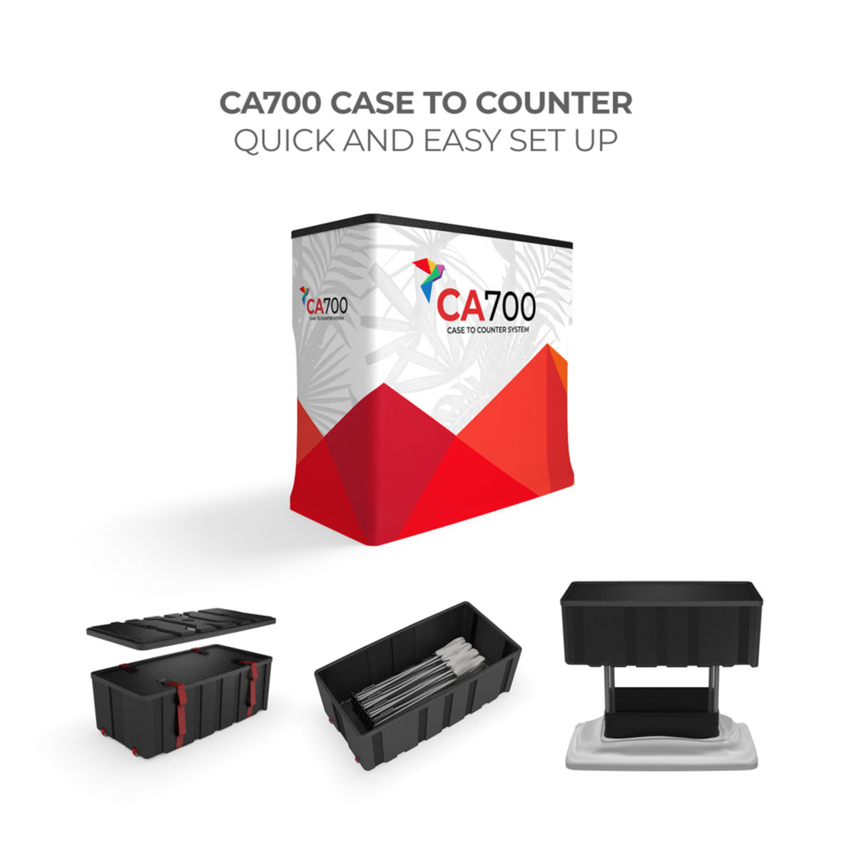 Trade show case-to-counter system for quick, easy setup at exhibitions and special events