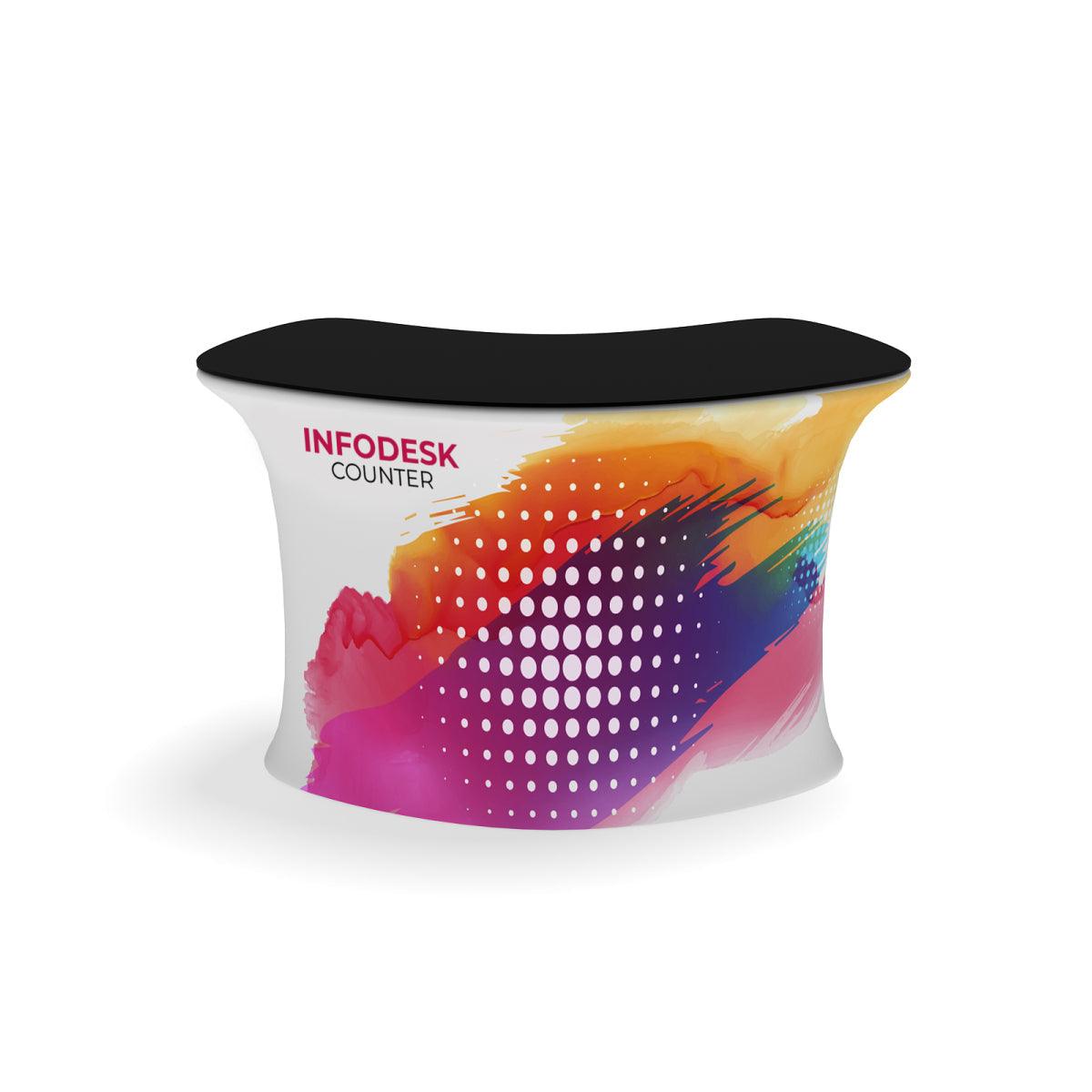 Curved promotion info desk counter with graphic wrap for trade shows and exhibition events