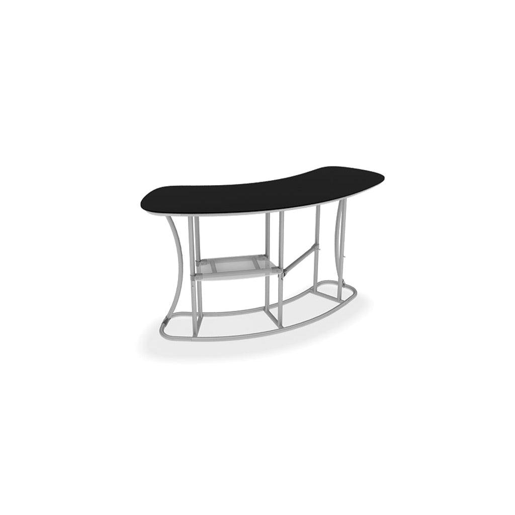 Trade show curved infodesk counter with metal frame and shelf for exhibitions and special events
