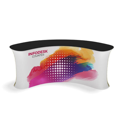 Curved infodesk counter with vibrant graphic design for trade show and event use