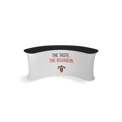 Curved trade show counter with Jim Beam branding and bourbon promotional text