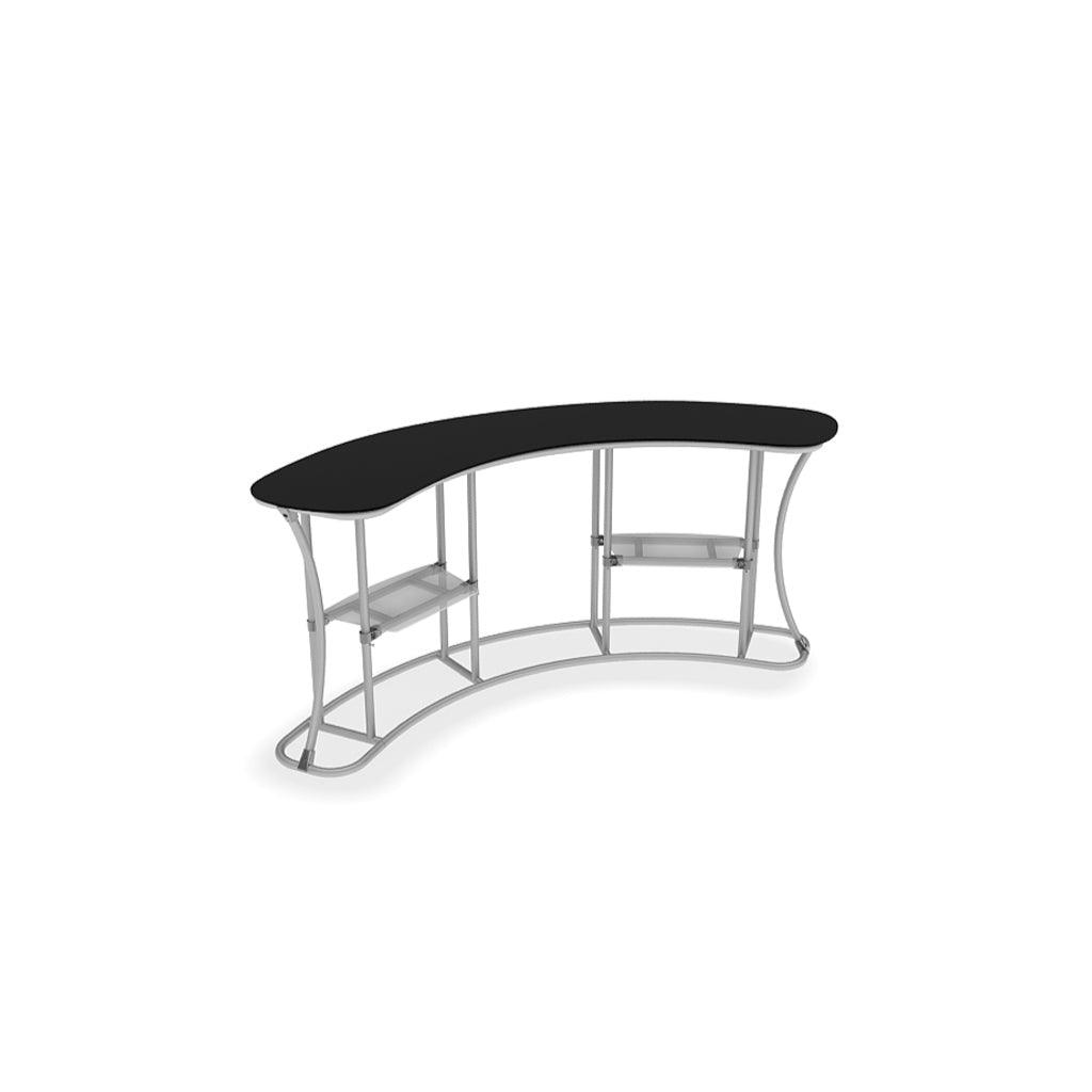 Curved trade show counter with metallic frame and built-in shelves for exhibitions and events