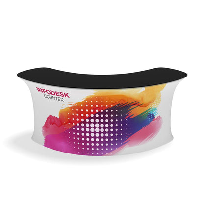 Curved info desk counter with graphic print for trade shows, exhibitions, and events