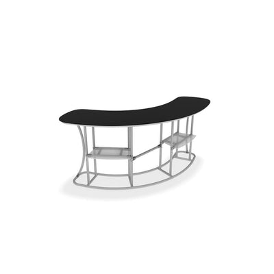 Curved portable infodesk counter with metal frame and shelves for trade shows and exhibitions