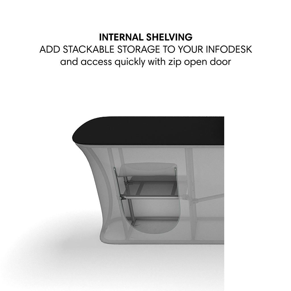 Internal shelving with stackable storage and zip-open door in infodesk for trade shows and exhibitions