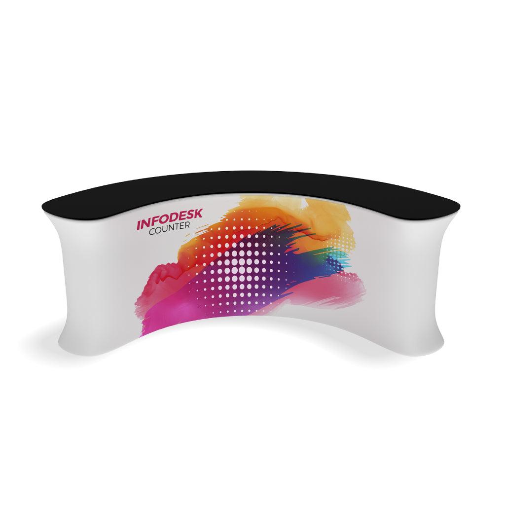 Curved info desk counter with graphic print, designed for trade shows and event exhibitions