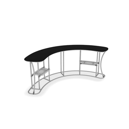 Curved trade show counter with metal frame and side shelves, ideal for exhibitions and special events