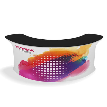 Curved promotional infodesk counter with graphic wrap for trade shows and special event presentations