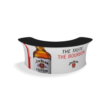 Curved promotional trade show counter with Jim Beam bourbon branding and logo for special events