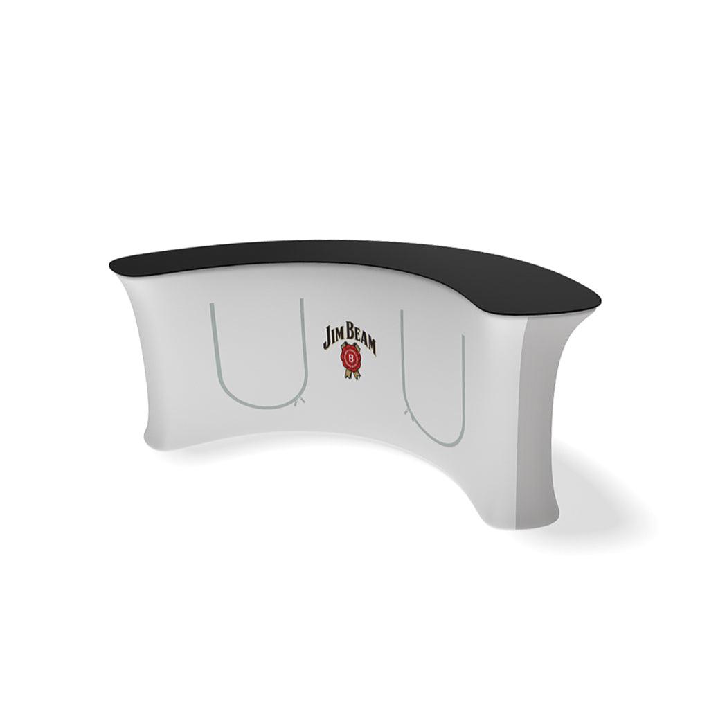 Curved trade show counter with branded fabric wrap and graphic for events and exhibitions