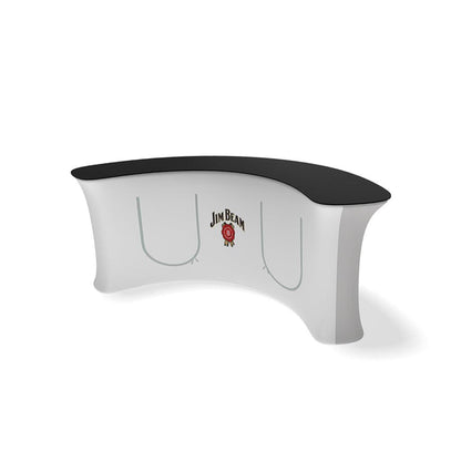 Curved trade show counter with branded fabric wrap and graphic for events and exhibitions