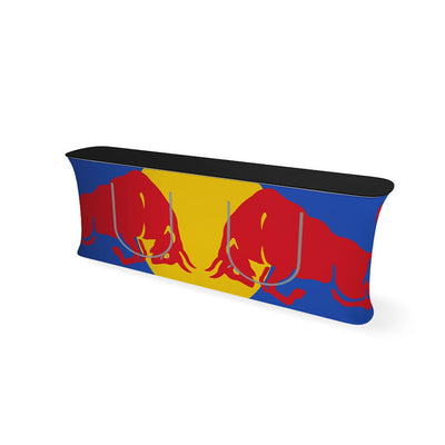 Curved fabric trade show counter with graphics and black countertop for exhibitions and events