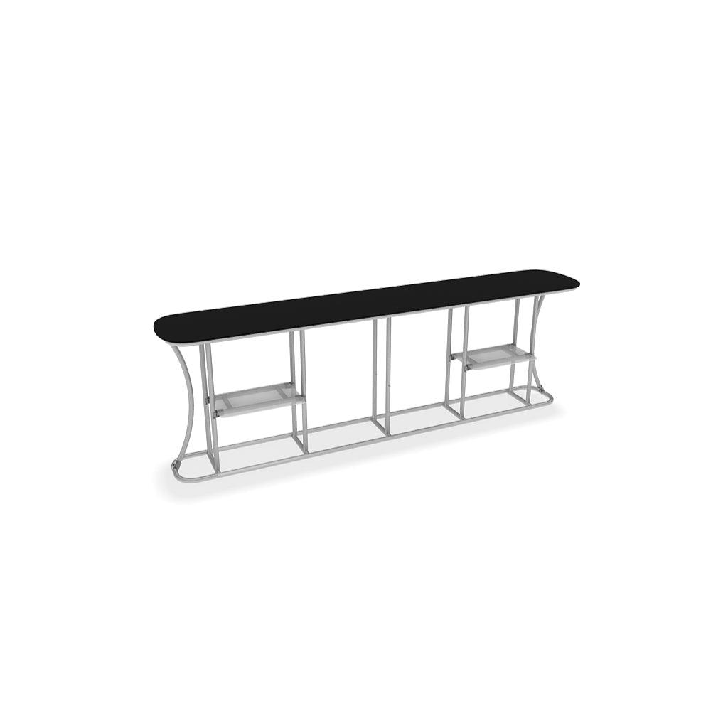 Long trade show counter with curved metal frame and two lower display shelves for exhibitions
