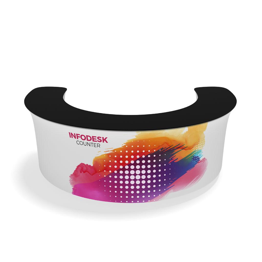 Curved infodesk counter with branded graphic wrap for trade shows and exhibitions
