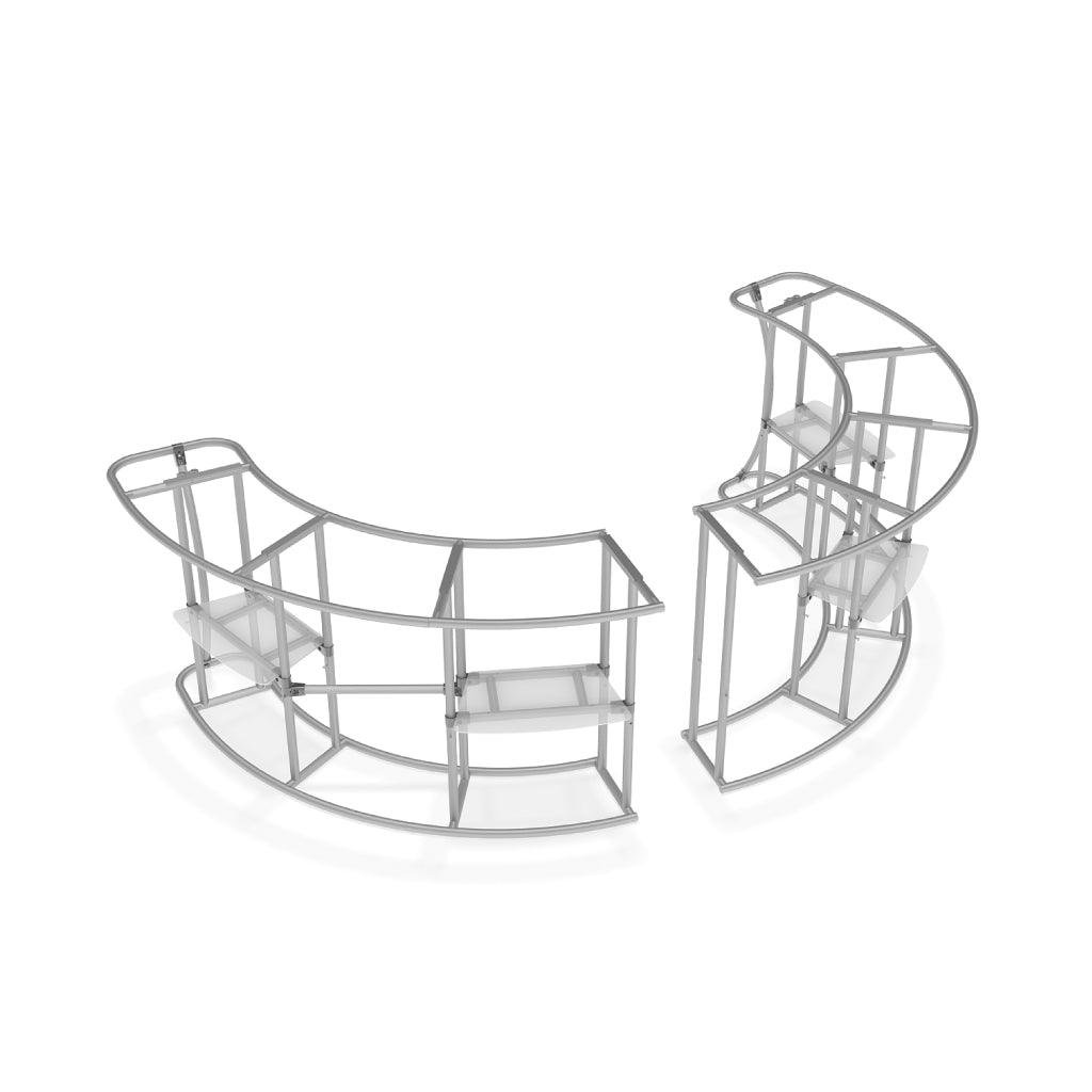 Curved modular metal frame structures designed for trade show counters and exhibition booths