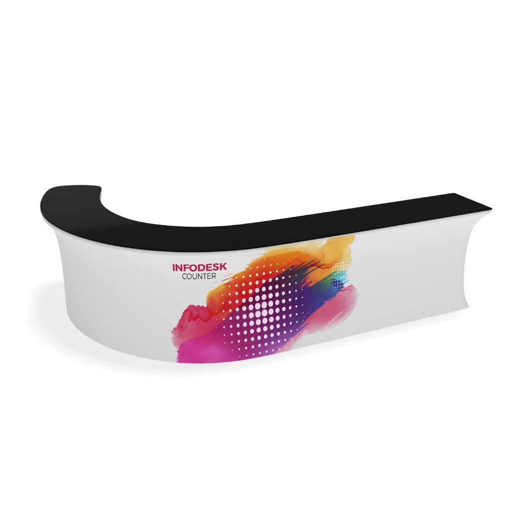 Curved infodesk counter with graphic print, designed for trade shows and exhibition displays
