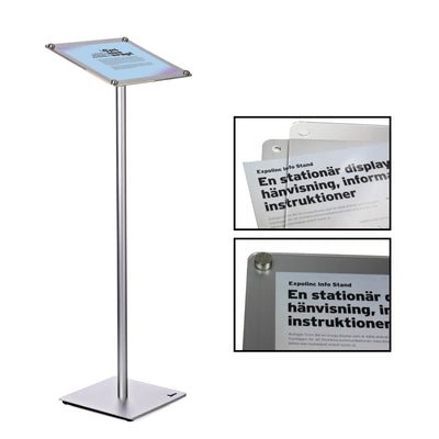 Freestanding info stand with angled display for trade shows and special event signage