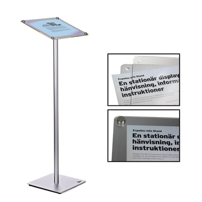 Freestanding info stand with angled display for trade shows and special event signage