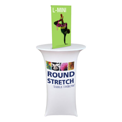 Mini tabletop banner stand on round stretch table throw for trade shows and exhibitions