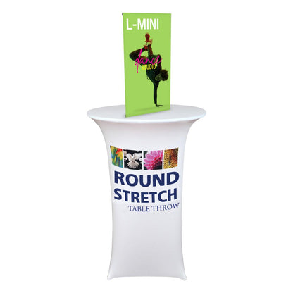 Mini tabletop banner stand on round stretch table throw for trade shows and exhibitions