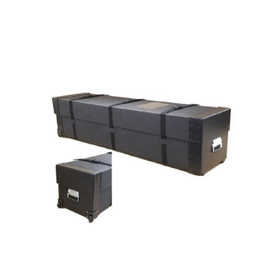 Long protective shipping case with handles and wheels designed for trade show and exhibition equipment transport