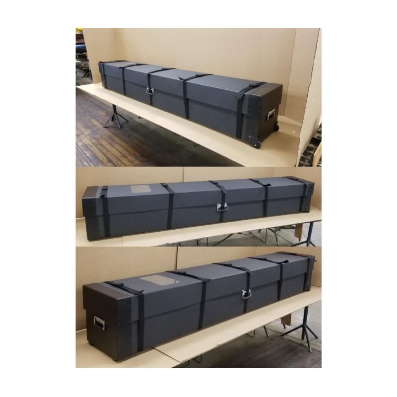 Long protective shipping case with secure straps and handles for trade shows and special events